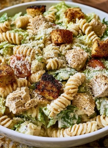 Easy Chicken Caesar Pasta Salad served in a bowl with fresh ingredients