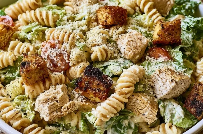Easy Chicken Caesar Pasta Salad served in a bowl with fresh ingredients