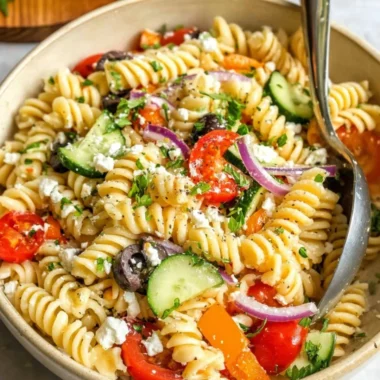 Delicious easy pasta salad with fresh vegetables and dressing
