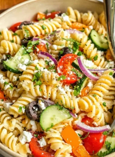 Delicious easy pasta salad with fresh vegetables and dressing