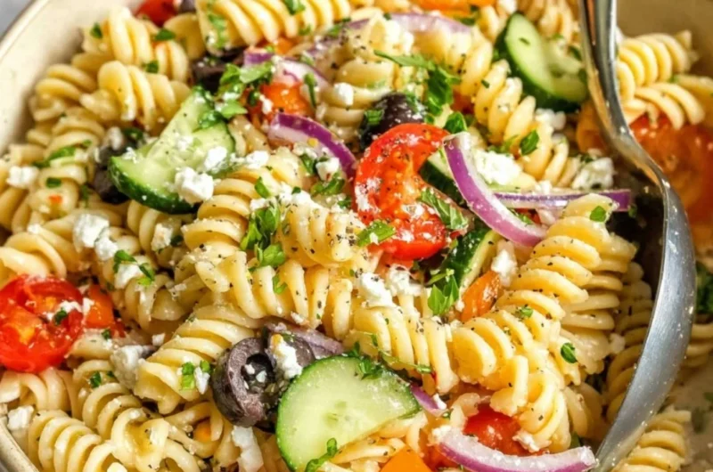 Delicious easy pasta salad with fresh vegetables and dressing