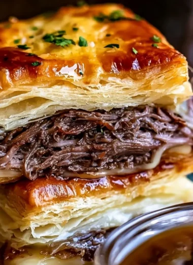 Delicious French Dip Squares served with au jus for dipping