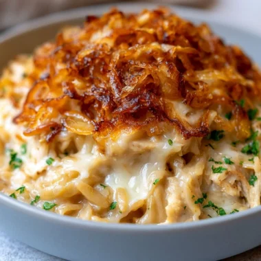 French onion chicken orzo casserole baked in a dish