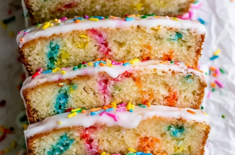 Sliced Funfetti Pound Cake topped with colorful sprinkles