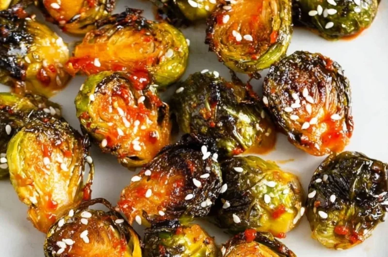 Bowl of Gochujang Roasted Brussels Sprouts garnished with sesame seeds