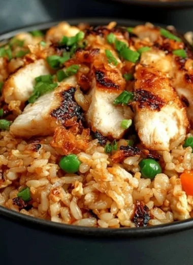 Plate of high protein crispy garlic chicken fried rice garnished with vegetables