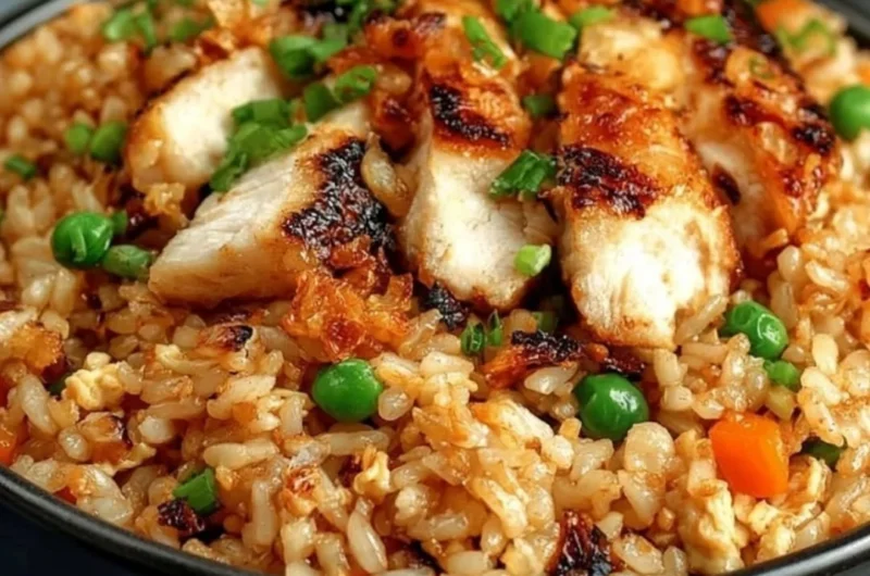 Plate of high protein crispy garlic chicken fried rice garnished with vegetables