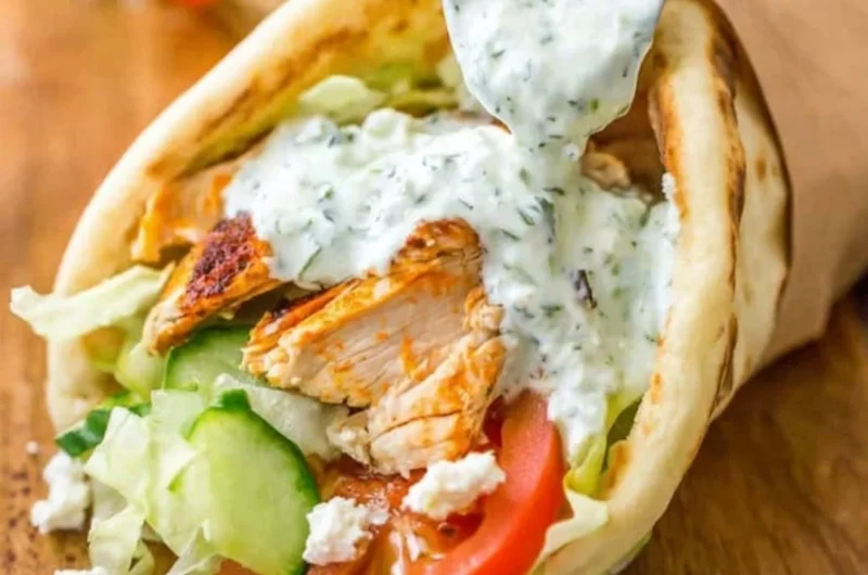 Delicious homemade chicken gyro served with fresh vegetables and sauce