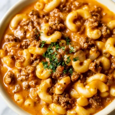 Bowl of homemade Hamburger Helper with ground beef and pasta.