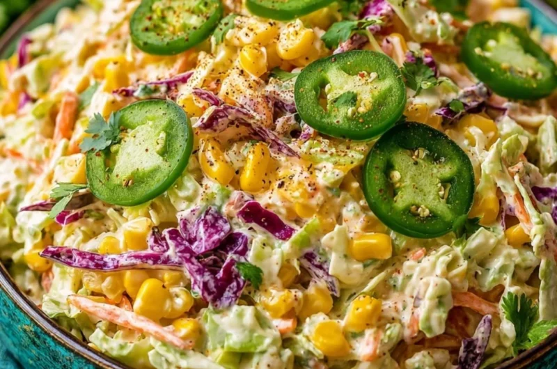 Bowl of vibrant jalapeno corn coleslaw with fresh ingredients