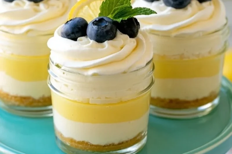 Delicious lemon cheesecake mousse topped with fresh lemon zest and berries
