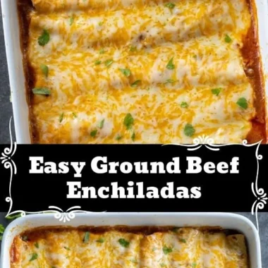 Plate of flavorful meaty enchiladas topped with cheese and spices