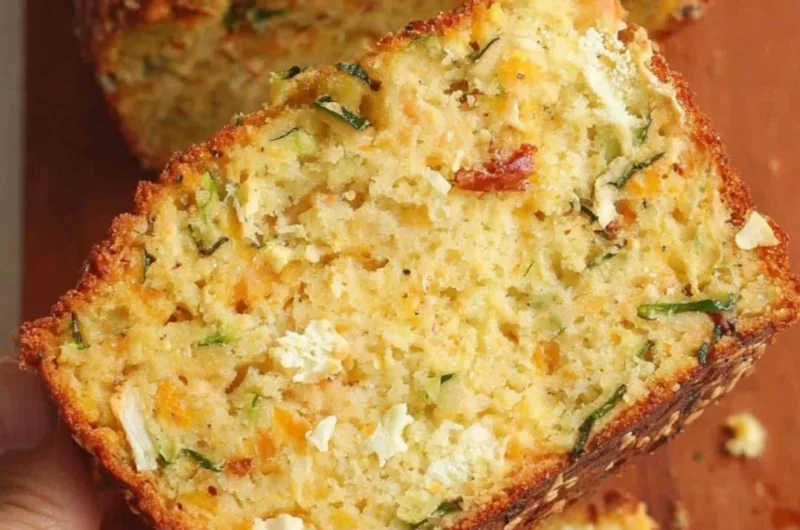 One bowl cheesy zucchini bread freshly baked and served on a plate.