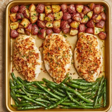 Parmesan Crusted Chicken on a sheet pan with colorful veggies