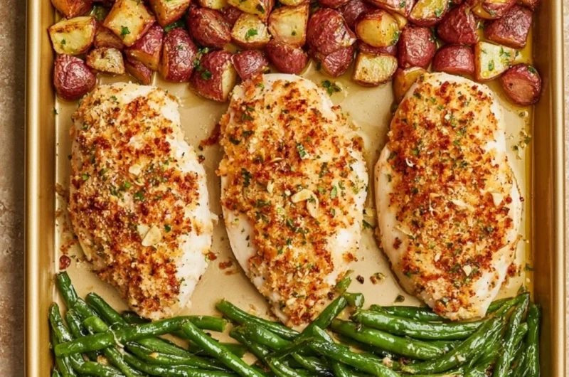 Parmesan Crusted Chicken on a sheet pan with colorful veggies