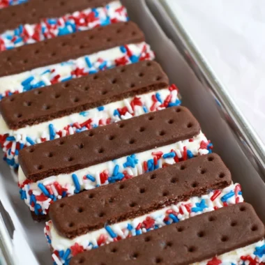 Delicious patriotic mini ice cream sandwiches decorated for summer celebrations