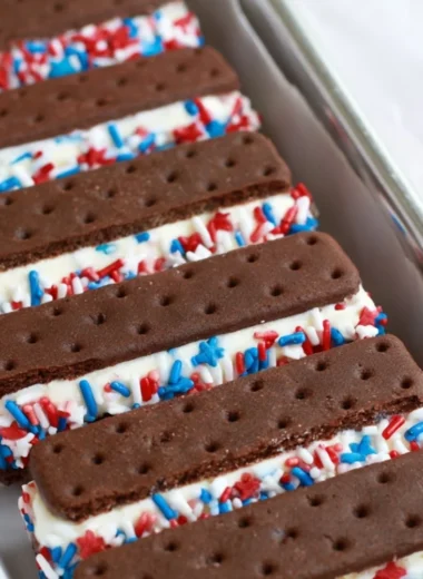 Delicious patriotic mini ice cream sandwiches decorated for summer celebrations