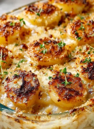 Creamy pour-over sauce over potatoes in a glass casserole dish for winter supper