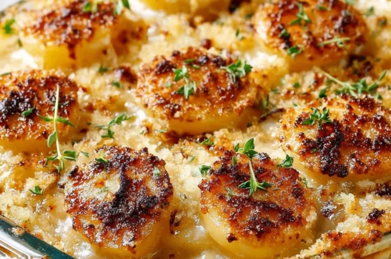 Creamy pour-over sauce over potatoes in a glass casserole dish for winter supper