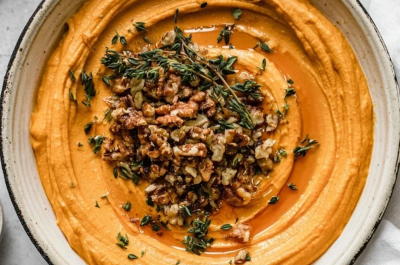 Pumpkin Whipped Feta Crostini garnished with herbs, served on a wooden platter.