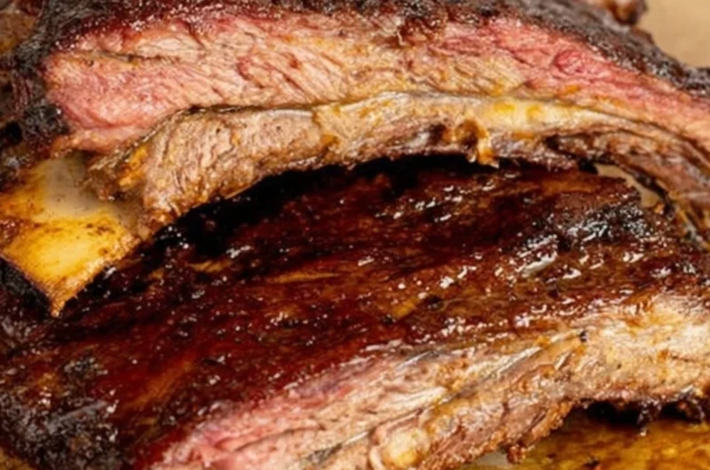Smoky barbecue beef ribs cooked to perfection on the grill.