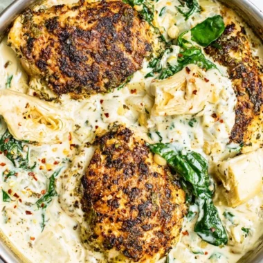 Delicious Spinach Artichoke Chicken Skillet served on a rustic wooden table