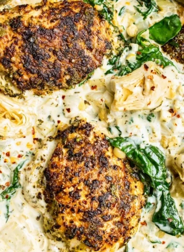 Delicious Spinach Artichoke Chicken Skillet served on a rustic wooden table