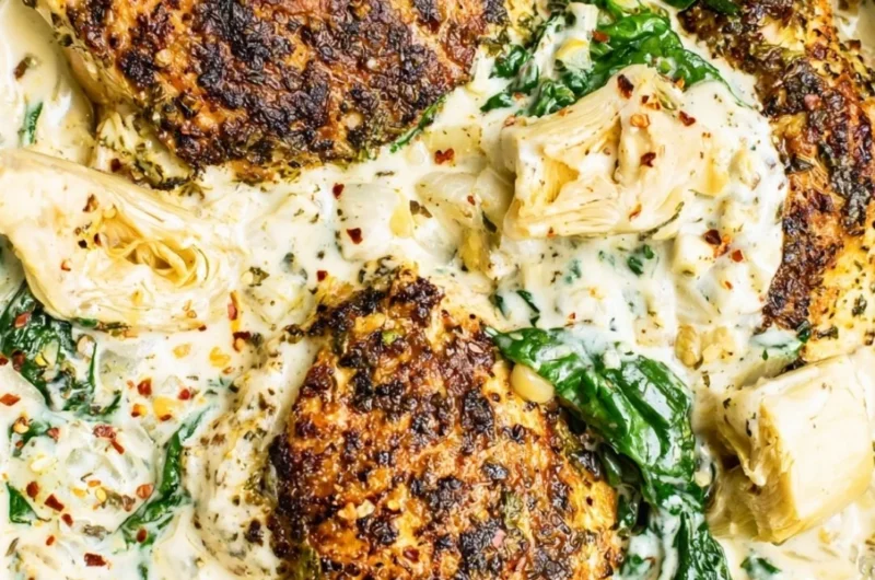 Delicious Spinach Artichoke Chicken Skillet served on a rustic wooden table