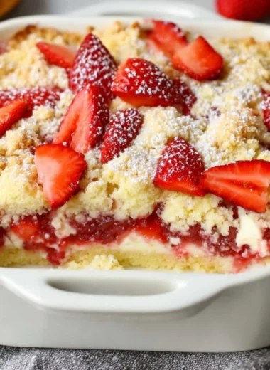 Delicious Strawberry Cheesecake Dump Cake served with fresh strawberries