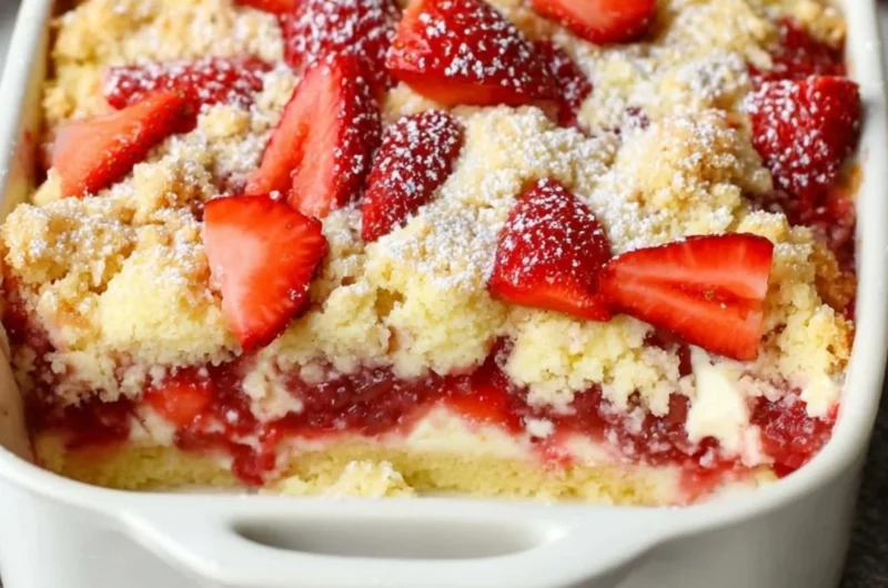 Delicious Strawberry Cheesecake Dump Cake served with fresh strawberries