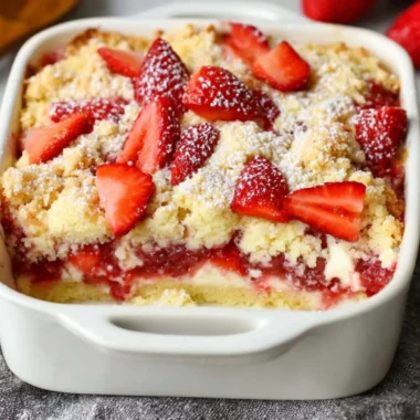 Delicious Strawberry Cheesecake Dump Cake ready to serve