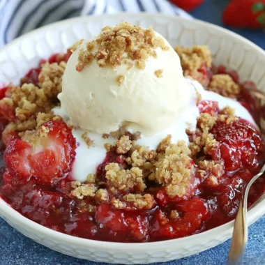 Delicious homemade strawberry crisp dessert with a golden crunchy topping