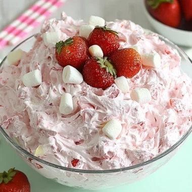 Delicious bowl of Strawberry Fluff Salad with fresh strawberries and whipped cream