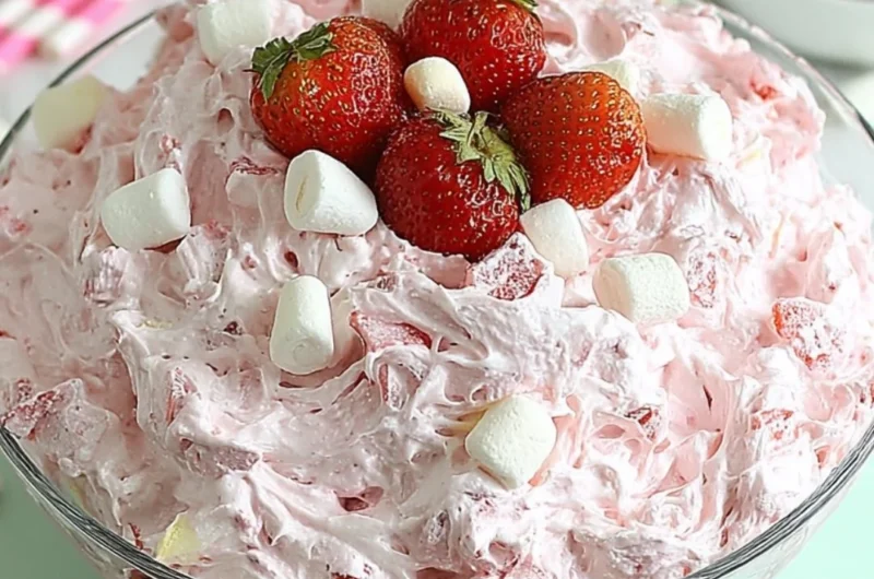 Delicious bowl of Strawberry Fluff Salad with fresh strawberries and whipped cream