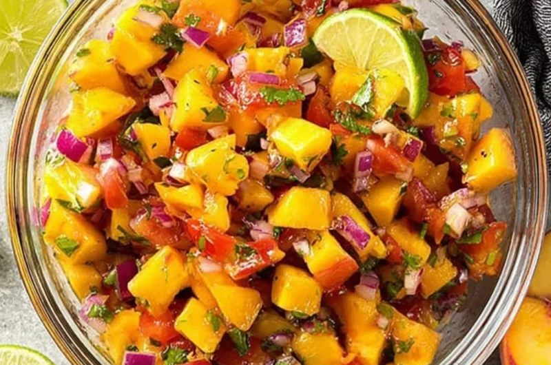 Bowl of sweet and spicy peach salsa with fresh ingredients.