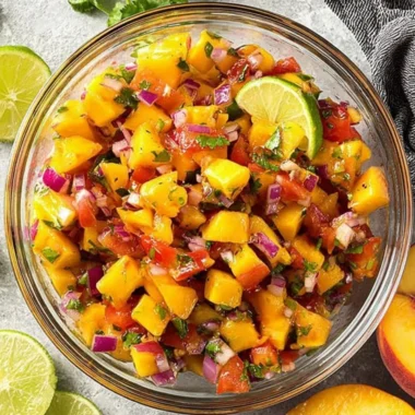 Homemade sweet and spicy peach salsa served in a colorful bowl.