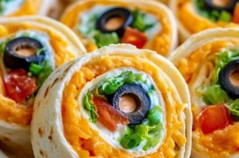 Taco Cream Cheese Pinwheels rolled up and sliced on a platter
