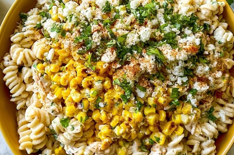Delicious elote pasta salad with Greek yogurt served in a bowl