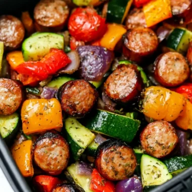 Air fryer chicken sausage served with colorful veggies in a delicious dish