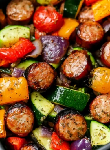 Air fryer chicken sausage served with colorful veggies in a delicious dish