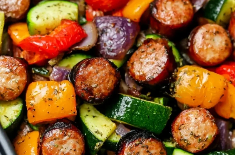 Air fryer chicken sausage served with colorful veggies in a delicious dish