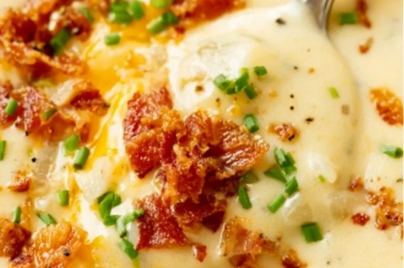 Bowl of creamy baked potato soup topped with cheese and chives