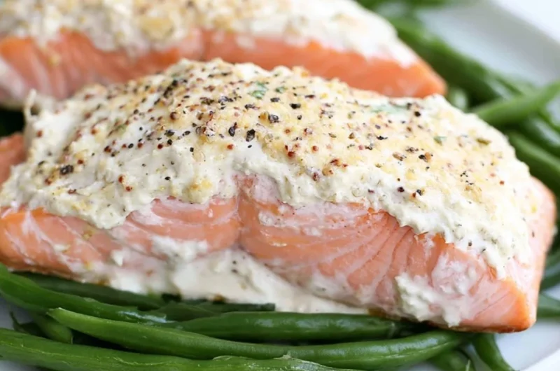 Baked salmon fillet topped with sour cream and mustard sauce on a plate