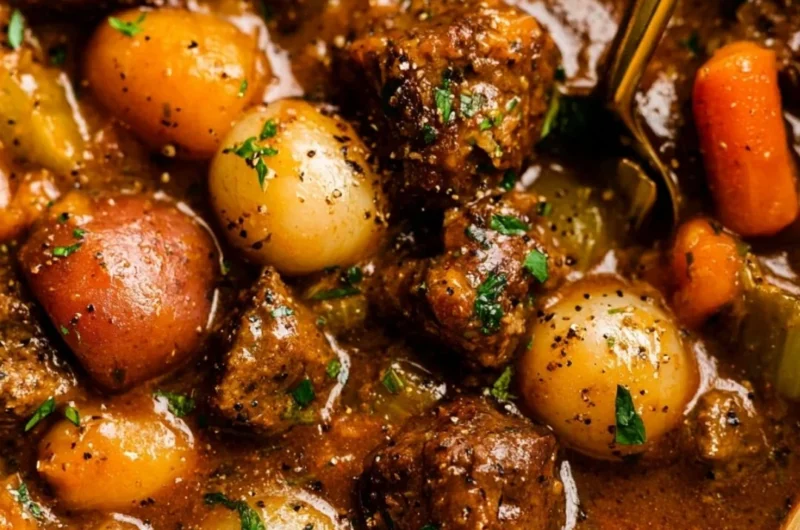 A hearty bowl of beef stew with tender pieces of meat and vegetables