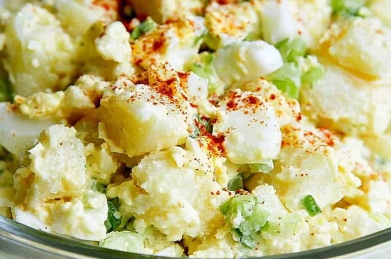 Delicious bowl of the best potato salad with egg, ready to be enjoyed.