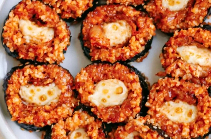 Delicious Cheese Kimchi Kimbap ready to be enjoyed, showcasing Korean culinary fusion.