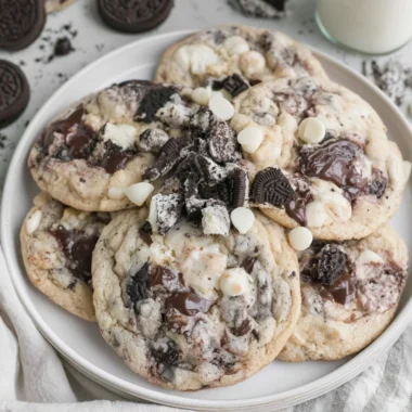 Delicious freshly baked Cookies and Cream Cookies on a baking tray