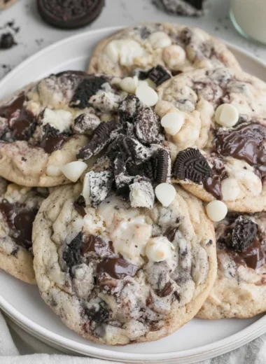 Delicious freshly baked Cookies and Cream Cookies on a baking tray