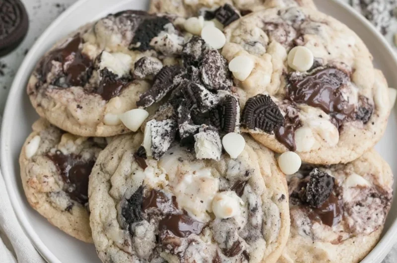Delicious freshly baked Cookies and Cream Cookies on a baking tray