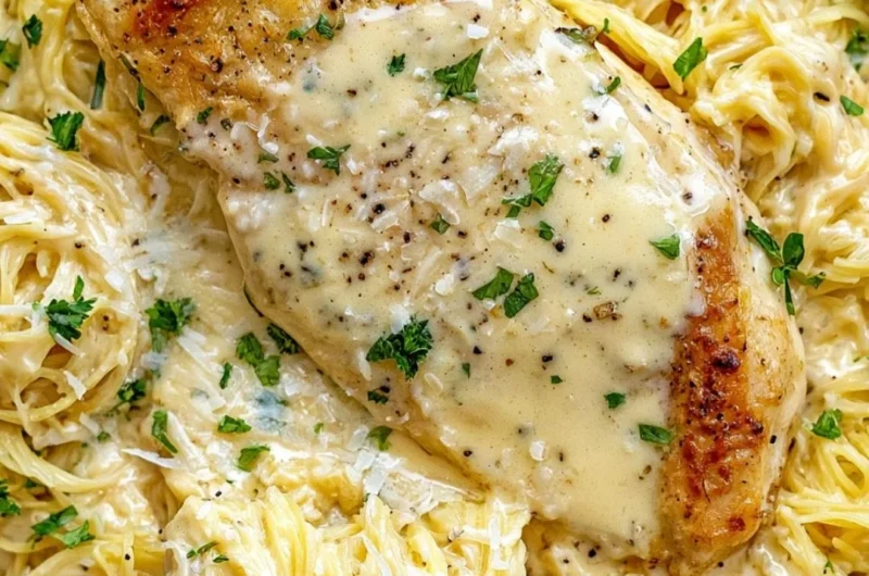 Cozy Crock Pot Angel Chicken dish served with creamy sauce and rice.